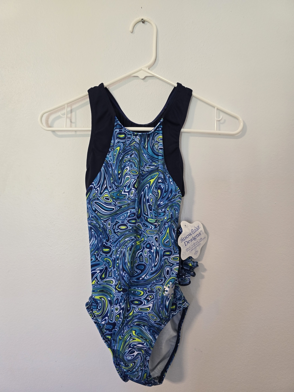 NWT Snowflake Designs Gymnastics Leotard Blue Swirl Adult Small Dance Open Back